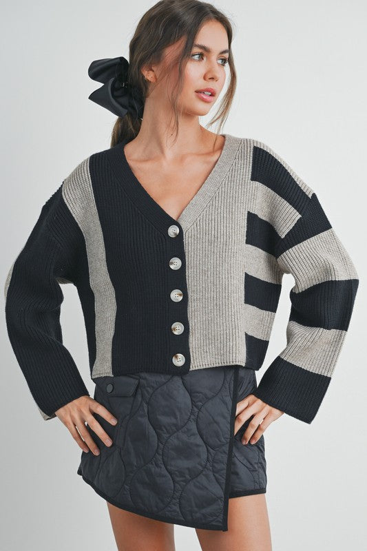 COLOR BLOCK BUTTON DOWN CARDIGAN