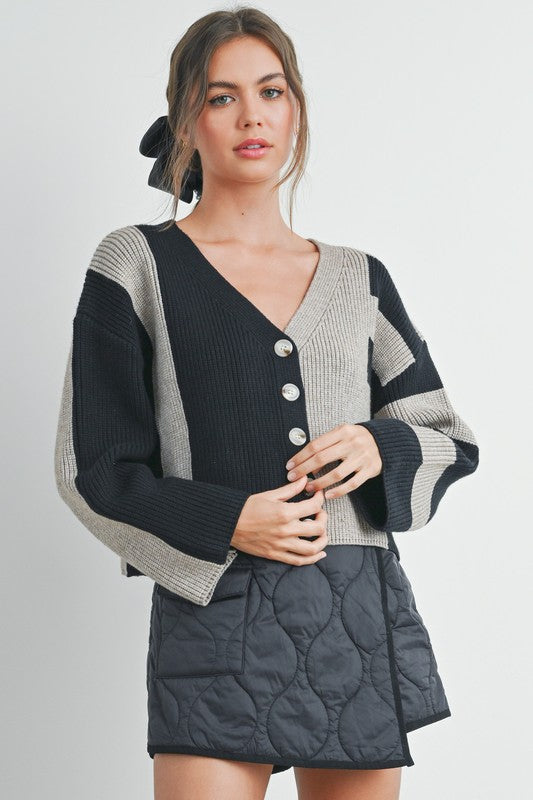 COLOR BLOCK BUTTON DOWN CARDIGAN